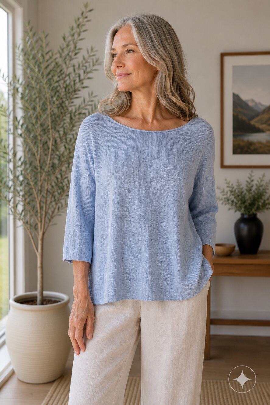 Eileen Fisher Sweater Large Blue Italian Yarn Boat Neck 3/4 Sleeve Knit Top